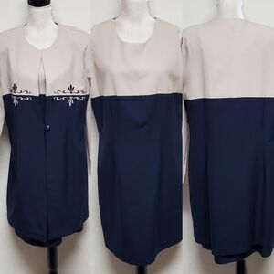 VINTAGE 80s Vany Navy Blue Beige Colorblock Floral Embroidered Dress Jacket Set